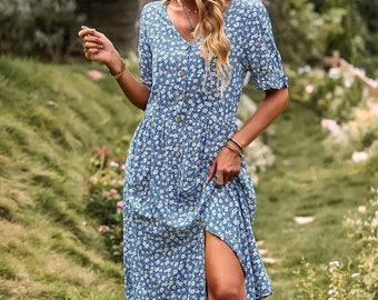 Bohemian Blue Floral Daisies Midi Dress, Maternity nursing dress, Women's Midi Dress with Button Front and Pockets, Spring Summer Dress