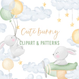 Cute bunny rabbit clipart, Baby Shower Clip Art, Easter bunny clipart, nursery bunny art, unisex bunny art, digital download, PNG files image 1