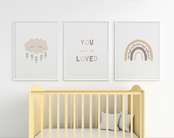 Nursery decor, set of 3 print, rainbow nursery print, cute nursery poster, digital download, boho rainbow set, neutral nursery poster set