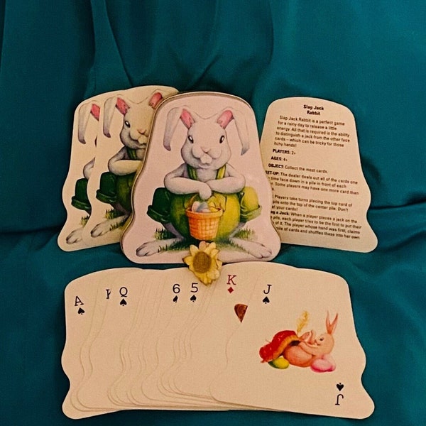 Vintage Children's Deck of Cards -Easter Bunny in Rabbit Shaped Tin by Fundex Games 2002, Adorable Game for Kid's, Great Basket Filler