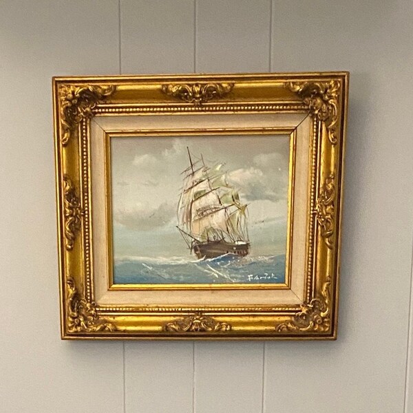 Vintage Signed Oil Panting, Clipper Ship on Ocean, Ornate Baroque Gilt Wood 13 x 15”  Linen Matted Frame, Beautiful Original Nautical Art