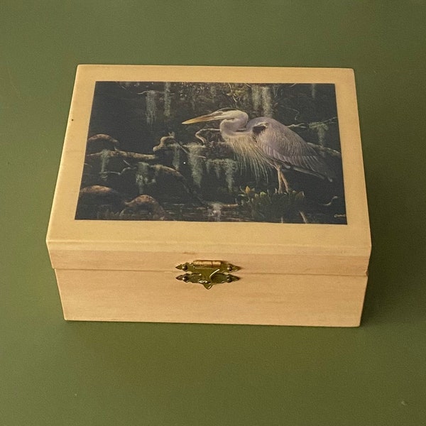Handcrafted Wooden Jewelry / Trinket Box, Blue Heron in Marsh Scene, Velvet Lined, Vintage Gift Under 20 Dollars