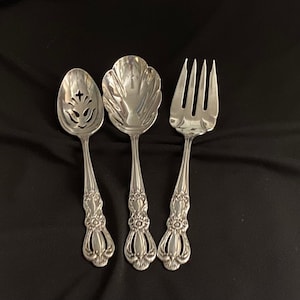 International Silver 3 PC Serving Set, 1847 Rogers Bros. Meat Fork, Slotted & Solid Spoon, Grand Heritage Pattern, Ornate Pierced Handle