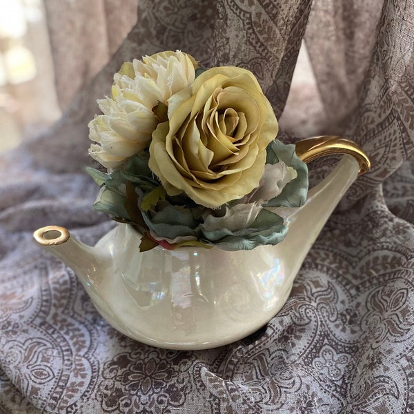 Vintage Teapot,  Opalescent/Iridescent  Luster w/ 22K Gold Handle Aladdin Lamp Style ( no lid) Modern China Co. Great for a Vase