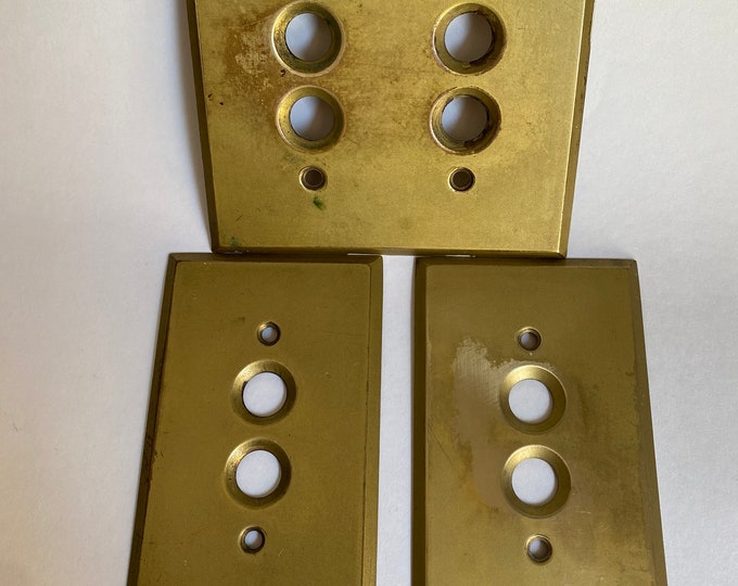 Vintage Brass Push Button Light Switch Covers. 2 Single , 1 Double Gang