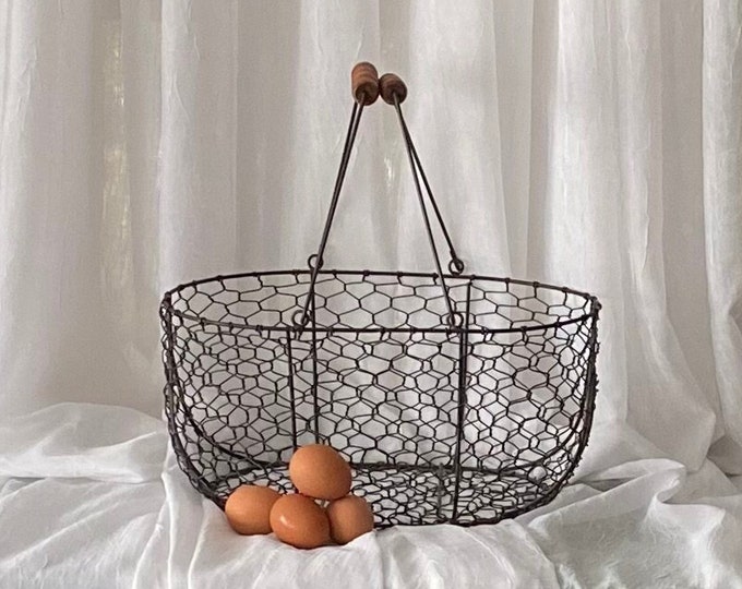 Vintage Metal Basket, Wood Handles, XL Sized Industrial Farmhouse