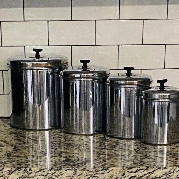 Vintage Kitchen Canister Set of 4 w/ Matching Lids,  Retro Silver Chrome Kreamer Ware Round Storage Bins