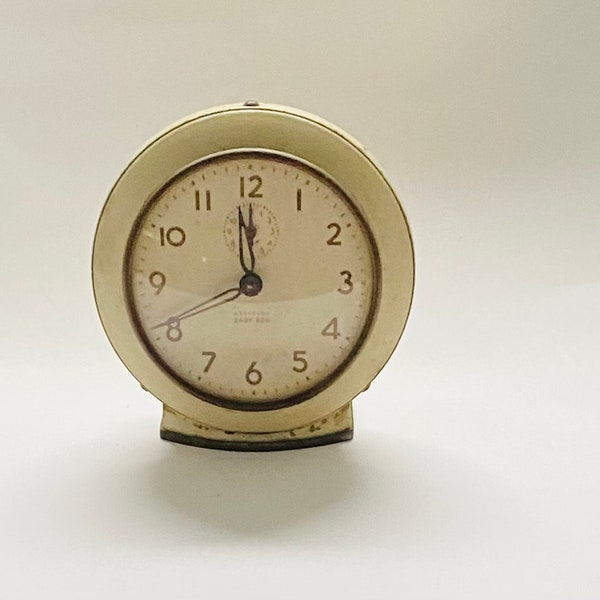 Vintage Westclock Baby Ben 1940’s Wind Up Alarm Clock in Working Condition, Ivory Metal & Brass, Glass Face, Nostalgic Tabletop Timepiece