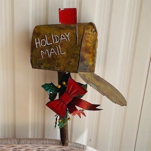 Holiday Copper Mailbox , Weathered Vintage Enesco Metal Art Wall Hanging for Christmas, Card Holder , Rustic Decor for Front Porch