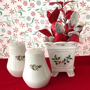 Vintage Gibson Holly Berry Salt & Pepper Shakers w/ Tiny Brinton China Planter