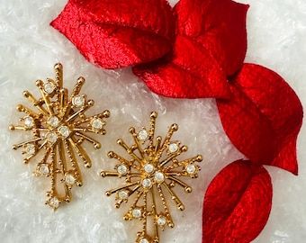 Vintage Avon Gold Tone & Rhinestone Snowflake/ Starburst Post Earring Pair