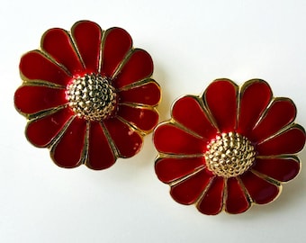 Vintage Red Enamel on Gold Tone Metal Flower Clip On Earrings- Festive Summer Jewelry