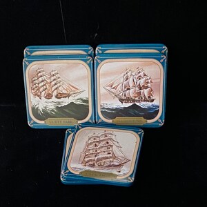 Vintage Nautical Coasters- Set of 6, Tin w/ Cork Backs-Historical Ships, Maritime, Coastal Decor, Barware Accessories, Gift for Him
