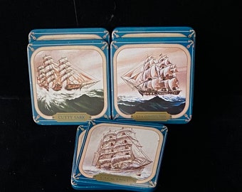 Vintage Nautical Coasters- Set of 6, Tin w/ Cork Backs-Historical Ships, Maritime, Coastal Decor, Barware Accessories, Gift for Him