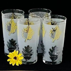 Vintage Libbey Highball Glasses: Frosted White with Black & Yellow Leaves, Set of 4