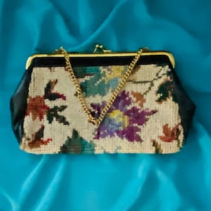 Vintage Julius Resnick Clutch Purse, Small Carpet Bag w/  Black Sides, Floral Tapestry, Gold Tone Metal Hinged Frame, Clasp ,Chain Handle