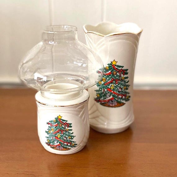 Vintage Ron Gordon Porcelain Christmas Tree Hurricane Lamp & Vase Set