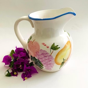 Vintage Chinese Hand Painted Ceramic Pitcher: Pastel Color Fruit Motif Circa 1950's