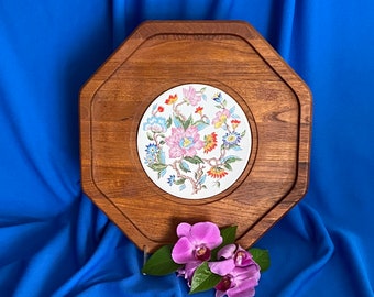 Teakwood Cheese Board w/ Exotic Floral Ceramic Tile Center by Dolphin.  Decorative Vintage  12"  Octagonal Trivet