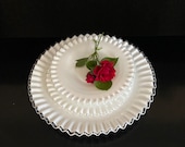 Beautiful Fenton Silvercrest Ruffle Plates- Set of 3, White Glass, Clear Ribbon, 12 , 9 8 Vintage Mid Century Dessert Low Cake Plate