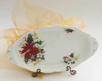 Vintage Royal Albert Bone China Pointsettia Bowl, Cream & Sugar Tray 10” w/ Gold Trim