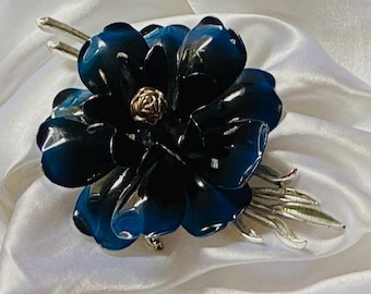 Vintage Coro Floral Brooch: Blue & Black Enamel, Silver Tone, 1960s
