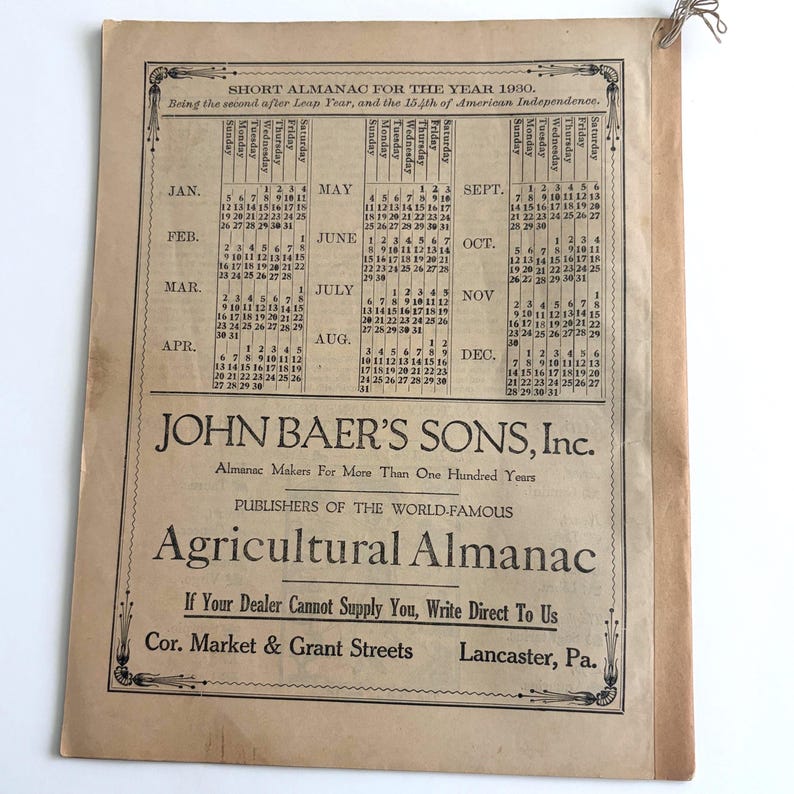 Agricultural Almanac 1930, Volume 105 John Baer's Sons Inc. Lancaster ...