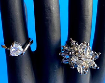 Vintage Ring Set: Silver Tone Sweetheart & Glass Bead Burst Rings