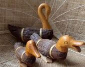 Vintage Handmade Straw Whisk Broom Wood Duck Art Miniature Figurines- Set of 3 , Hand Carved, Art and Crafts, Folk Art, Cabin, Country Decor