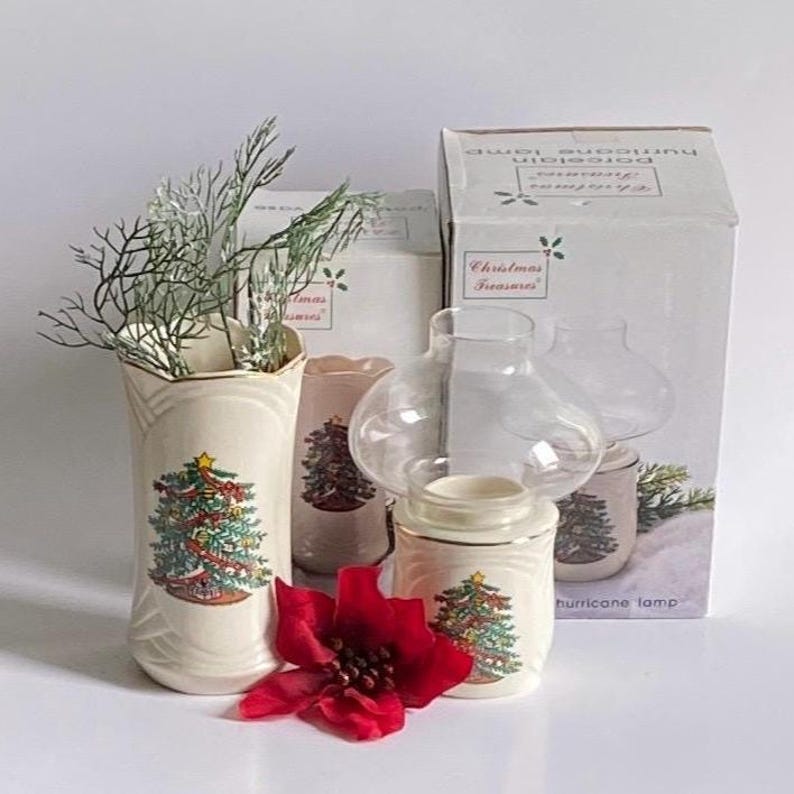Vintage Ron Gordon Porcelain Christmas Tree Hurricane Lamp & Vase Set image 6
