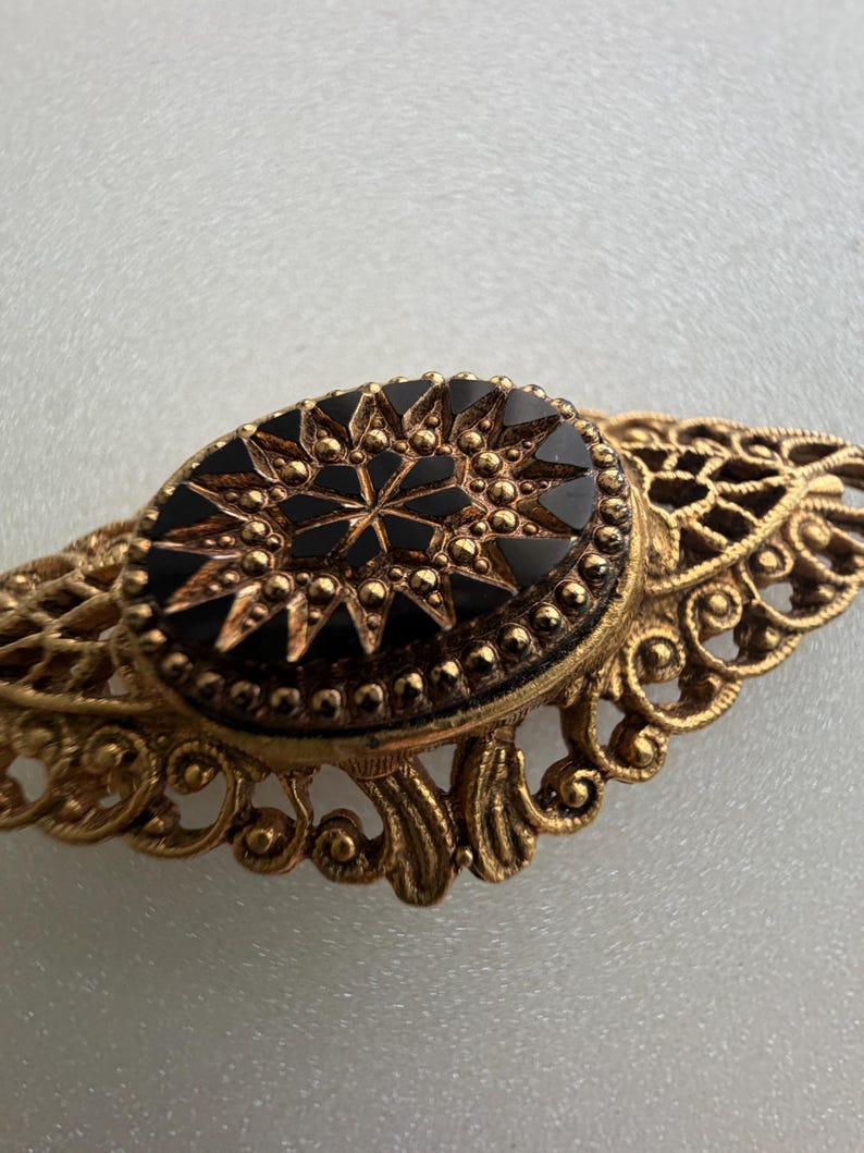 Vintage 10K Gold Plated Filigree Brooch: Elongated Diamond Shape, Dark ...