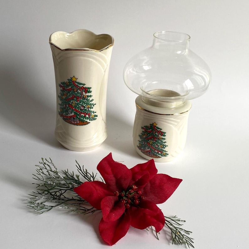 Holiday Hurricane Candle Holder & Matching Vase- Christmas Tree Motif- Vintage Ron Gordon Designs, Gold Trim Porcelain in Original Boxes