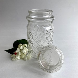 Vintage Planter&#39;s Peanut Quilted Glass Jar & Lid -1984 w/ Mr. Peanut Character Embossed on Top of Lid and Bottom of Jar-24 Ounce Size