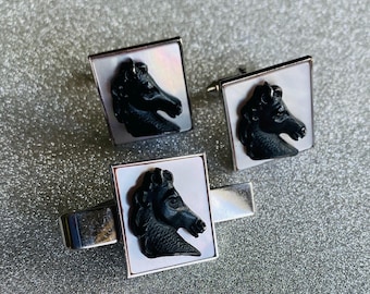 Vintage Black Stallion Cufflinks & Tie Clip: Mother of Pearl Horse Emblem