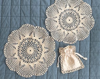 Vintage Pair Crochet Doilies, Cream Color, 11” & Small Handmade Drawstring Pouch