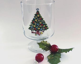 Vintage Sabin Clear Glass Christmas Tree Theme Pedestal Hurricane Candle Holder, Candy Dish