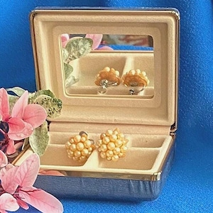 Vintage Blue Satin Jewelry Case Box w/  Faux Pearl Earrings-Mid Century Travel Case
