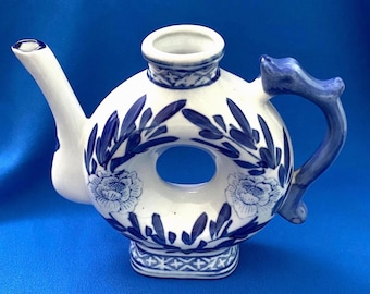 Vintage Doughnut Teapot Without Lid : Blue and White Porcelain Floral Chinoiserie Home Decor