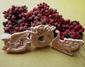 Vintage Avon Porcelain Christmas Ornaments: Angel, Wreath & Sleigh - 24K Gold Accents