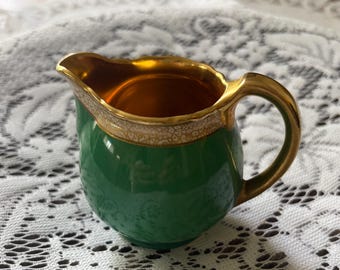 Vintage Crown Devon Fielding's 3oz. Creamer Pitcher : Green w/ Gold 1930's England