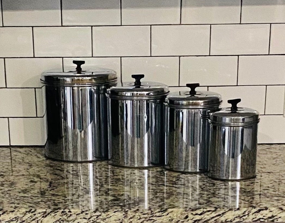 Vintage Kitchen Canister Set of 4 W/ Matching Lids, Retro Silver Chrome Kreamer Ware Round ...