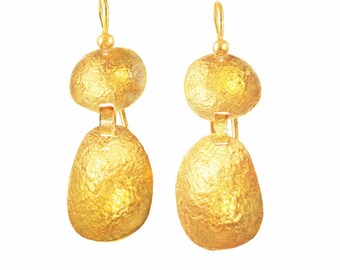 Custom Solid 24K 9999 Gold 23g Length 70mm Hammered Organic Uneven Convex Fine Gold Earrings Shiny Custom Can Be 22k