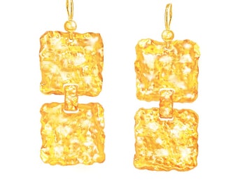 Custom Solid 24K 9999 Gold 19.5g 60mm Hammered Organic Uneven Wavy Squares Earrings Sparkle Can Be 22k