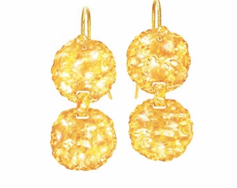 Custom Solid 24K 9999 Gold 18g 60mm Hammered Organic Uneven Wavy Disks Earrings Shiny Can Be 22k