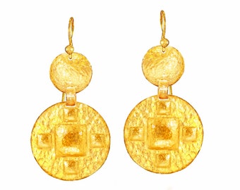 Custom Solid 24K 9999 Gold 15g and 36g, 50mm and 72mm Hammered Byzantine Empire Convex Pattern Disks Earrings Shiny Can Be 22k