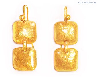 Custom Solid 24K 9999 Gold 19.5g Length 54mm Hammered Convex Squares Earrings Shiny Can Be 22k