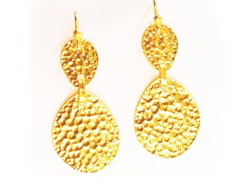 Custom Solid 24K 9999 Gold 23g Length 70mm Hammered Concave Organic Reliefs Uneven Earrings Shiny Can Be 22k