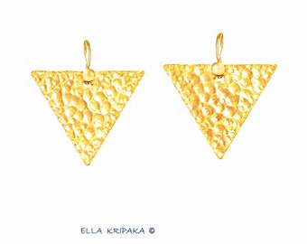 Custom Solid 24K 9999 Gold 19g Length 50mm Hammered Organic Concave Reliefs Triangles Earrings Can Be 22k Too