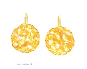 Custom Solid 24K 9999 Gold 26g 55mm Hammered Organic Uneven Wavy Disks Fine Gold Earrings Shiny Custom Can Be 22k