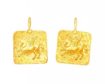 Custom Solid 24K 9999 Gold 33g 55mm Hammered Convex Pegasus Ancient Greece Ancient Rome Square Earrings Can Be 22k